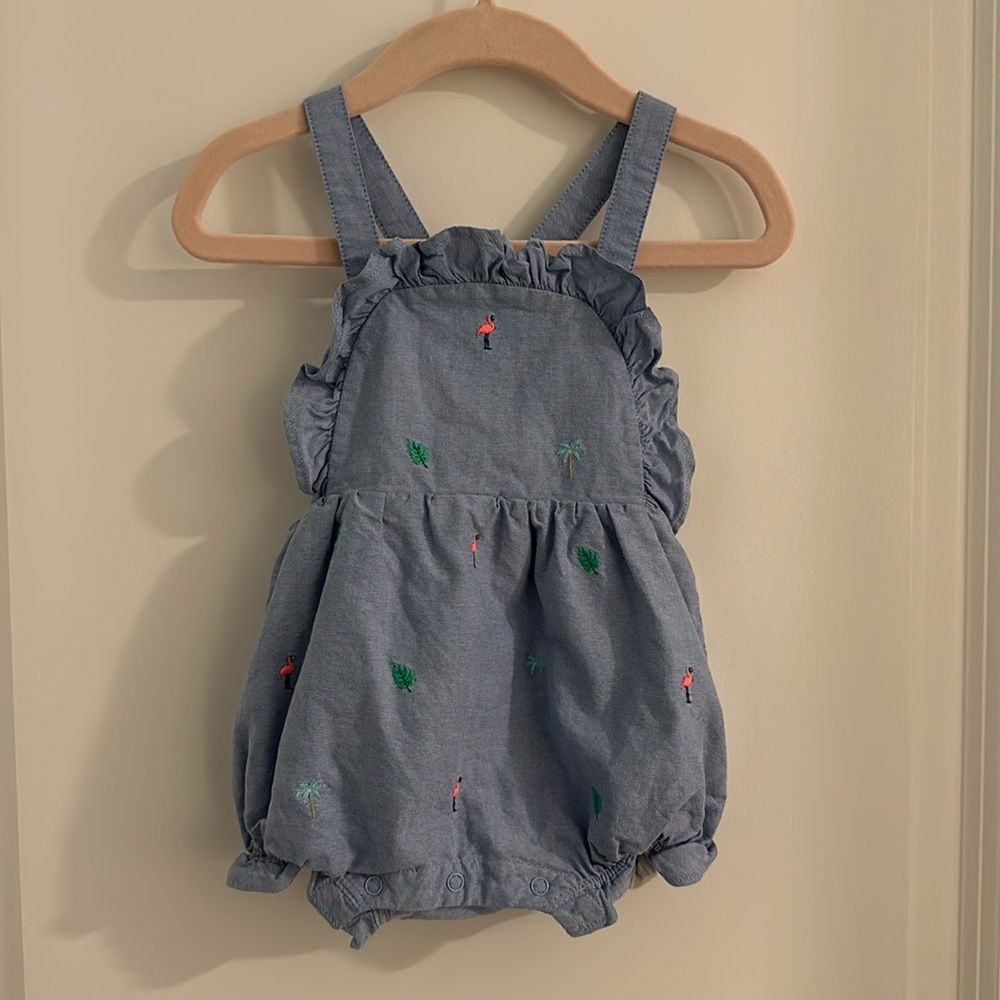 Janie and Jack Chambray tropical flamingo and palm tree Bubble Romper 6-12 month